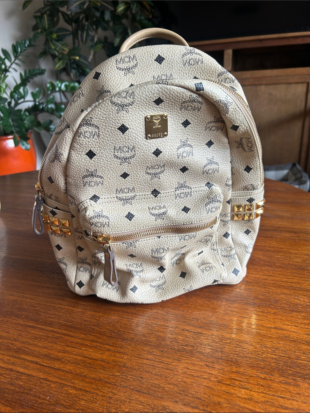 MCM Beige Logo Mini Backpack with Gold Stud Details
